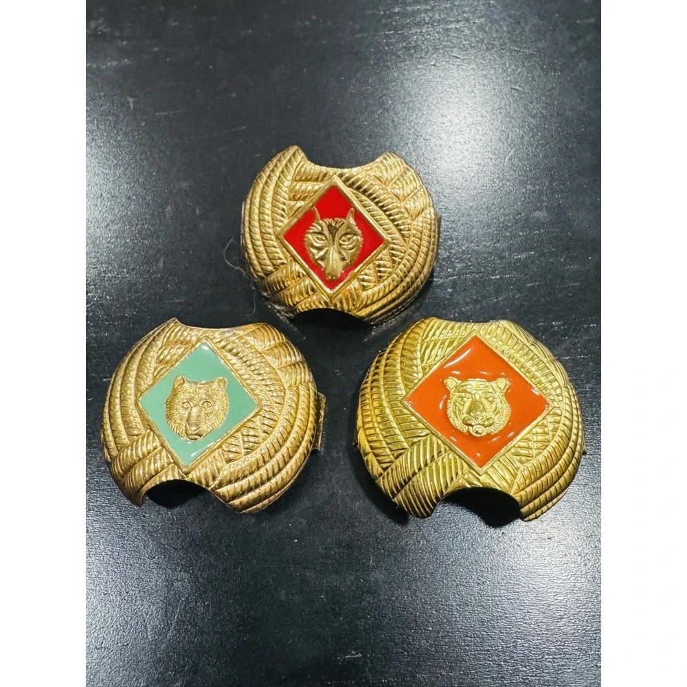 Vintage Animal Neckerchief Slides Set Gold Tone Enamel Scout Style Lot of 3